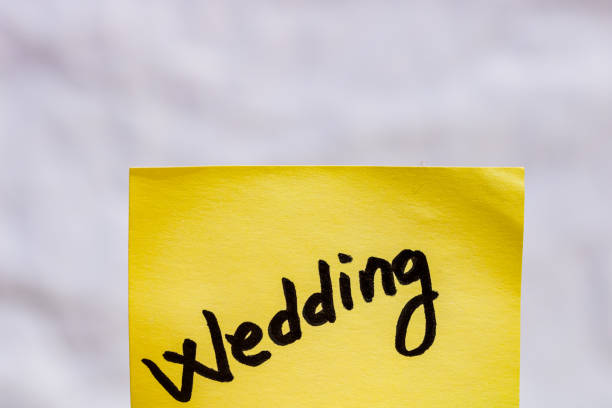 Wedding handwriting text close up isolated on yellow paper with copy space.