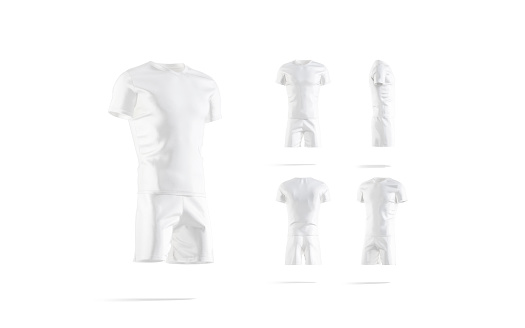 Blank white soccer uniform t-shirt and short mockup, different sides, 3d rendering. Empty sport playing duffle mock up, isolated. Clear gym or football classic tracksuit mokcup template.