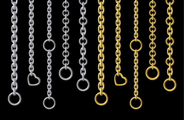 srebrne i złote wiszące metalowe łańcuchy - gold chain chain circle connection stock illustrations