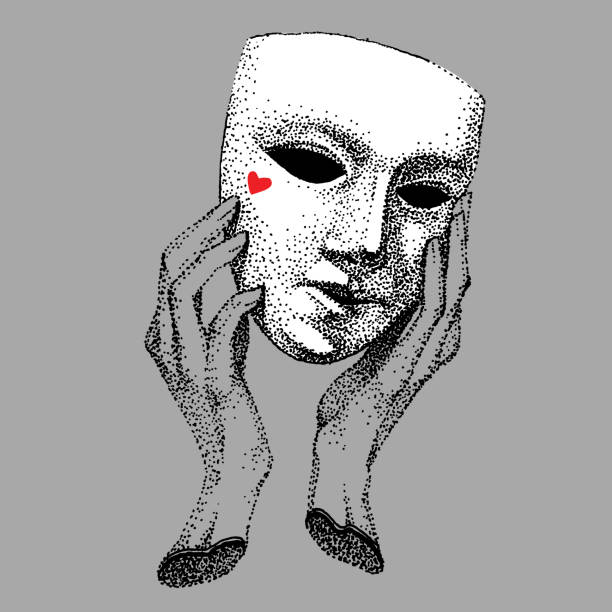 istock Mask in hands with cute red heart. Theater Actor tattoo. Hypocrite, pretender, trickster, many faces. Vintage black white template. drama portrait. 1255891346