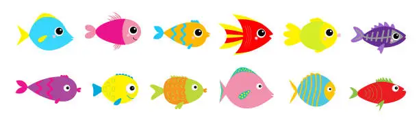 Vector illustration of Fish icon set line. Cute cartoon kawaii colorful aquarium animals. Baby kids collection. Isolated. White background. Flat design