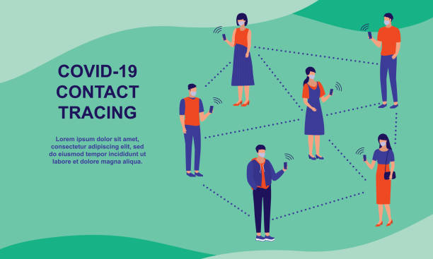 illustrazioni stock, clip art, cartoni animati e icone di tendenza di tracciamento dei contatti covid-19. concetto di prevenzione dell'epidemia di coronavirus covid-19. illustrazione del cartone animato piatto vettoriale. - social distancing