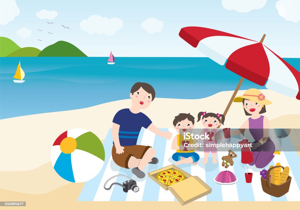 Happy Family Spending Summer Vacation At The Beach Family Outdoor  Activities Concept Vector Flat Cartoon Illustration Stock Illustration -  Download Image Now - iStock