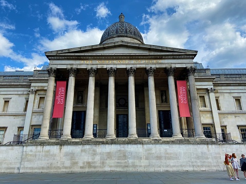 London, United Kingdom - July 12 2020: National Gallery main entrance exterior, Trafalgar Square