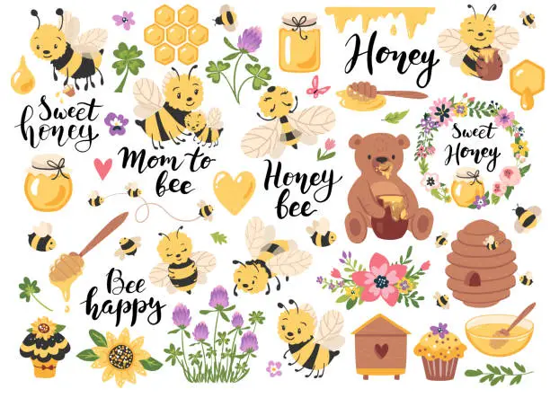 Vector illustration of Honey, bees, quotes and other beekeeping hand drawn elements.