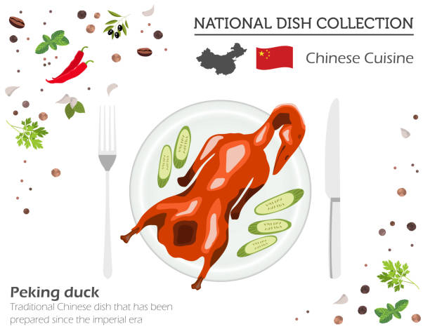 китайская кухня. азиатская национальная коллекция блюд. пекинская утка изолирована на белом, инфограпике - duck meat meat white meat food stock illustrations