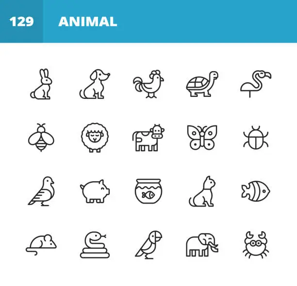 Vector illustration of Animal Line Icons. Editable Stroke. Pixel Perfect. For Mobile and Web. Contains such icons as Rabbit, Bunny, Dog, Chicken, Turtle, Bee, Sheep, Cow, Pig, Cat, Snake, Mouse, Elephant, Parrot.