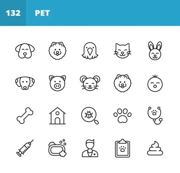 Vector illustration of Pets Line Icons. Editable Stroke. Pixel Perfect. For Mobile and Web. Contains such icons as Kitty, Cat, Dog, Puppy, Chick, Bunny, Fishbowl, Syringe, Pet Food, Dog Bone, Kennel, Grooming, Vet Shop.