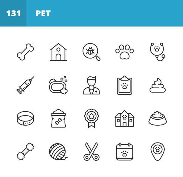 Pets Line Icons. Editable Stroke. Pixel Perfect. For Mobile and Web. Contains such icons as Dog Bone, Hut, Insect, Animal Paw, Syringe, Veterinarian,  Kennel, Grooming, Pet Collar, Pet Food. 20 Pets Outline Icons. Pet, Dog Bone, Dog Hut, Insect Medical Exam, Veterinarian, Animal Paw, Syringe, Pet Cleaning, Grooming, Appointment, Kennel, Pet Collar, Pet Food, Pet Locator, Badge, Pet Competition. animal hospital stock illustrations