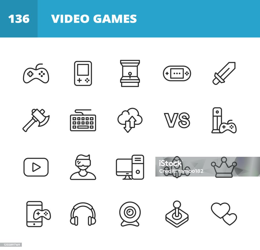 Gaming and Video Games Line Icons. Editable Stroke. Pixel Perfect. For Mobile and Web. Contains such icons as Video Game, Mobile Game, Device, Gaming Console, RPG, Virtual Reality, Shooter, Keyboard, Mouse, Computer, Tablet, Multiplayer, Streaming. 20 Gaming and Video Games Outline Icons. Video Games, Gaming, E-Sport, Game Pad, Gaming Console, Handheld Gaming Console, Arcade Games, Sword, Game Item, Axe, RPG Games, Dungeon and Dragons, Keyboard, Cloud Gaming, Cloud Computing, Multiplayer Games, Playing With Friends, Game Streaming, Watching Video Games Online, Virtual Reality, Gaming PC, Crown, Mobile Games, Headphones, Webcam, Joystick, Heart. Icon Symbol stock vector