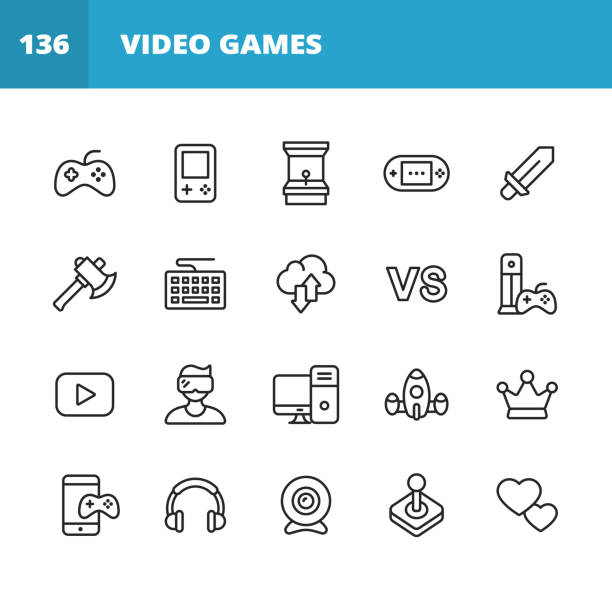 Gaming and Video Games Line Icons. Editable Stroke. Pixel Perfect. For Mobile and Web. Contains such icons as Video Game, Mobile Game, Device, Gaming Console, RPG, Virtual Reality, Shooter, Keyboard, Mouse, Computer, Tablet, Multiplayer, Streaming. 20 Gaming and Video Games Outline Icons. Video Games, Gaming, E-Sport, Game Pad, Gaming Console, Handheld Gaming Console, Arcade Games, Sword, Game Item, Axe, RPG Games, Dungeon and Dragons, Keyboard, Cloud Gaming, Cloud Computing, Multiplayer Games, Playing With Friends, Game Streaming, Watching Video Games Online, Virtual Reality, Gaming PC, Crown, Mobile Games, Headphones, Webcam, Joystick, Heart. games console stock illustrations