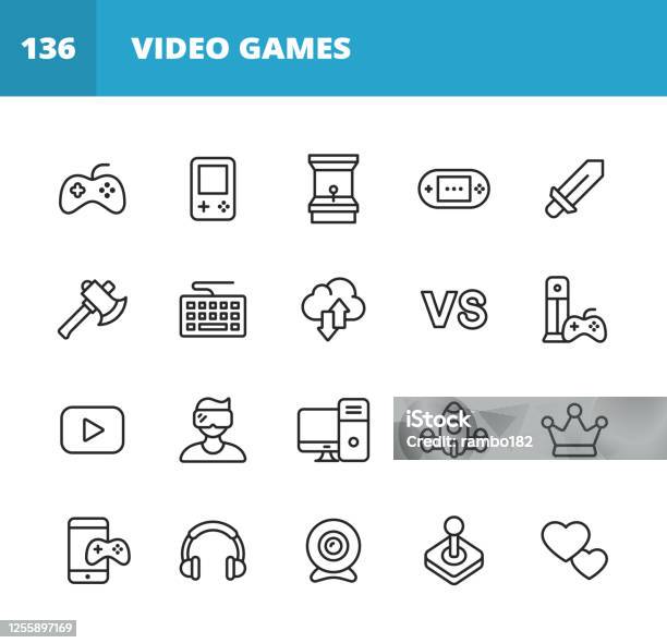 Gaming And Video Games Line Icons Editable Stroke Pixel Perfect For Mobile And Web Contains Such Icons As Video Game Mobile Game Device Gaming Console Rpg Virtual Reality Shooter Keyboard Mouse Computer Tablet Multiplayer Streaming Stock Illustration - Download Image Now
