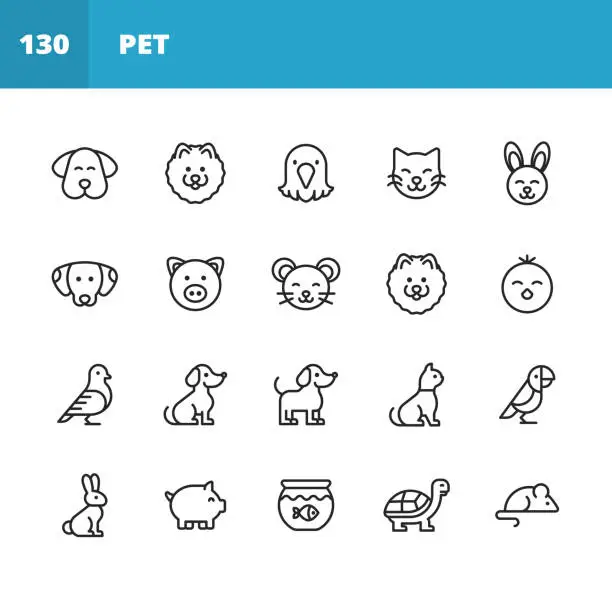 Vector illustration of Pets Line Icons. Editable Stroke. Pixel Perfect. For Mobile and Web. Contains such icons as Pet, Animal, Domestic Animal, Dog, Puppy, Eagle, Bird, Cat, Kitten, Bunny, Rabbit, Pig, Mouse, Chick, Dove, Parrot, Golden Fish, Tortoise.