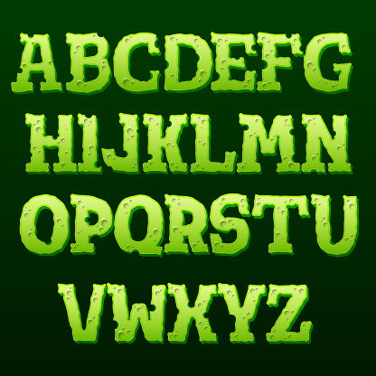 Green text effect on black background. Cartoon style alphabet with shadow. Vector illustration