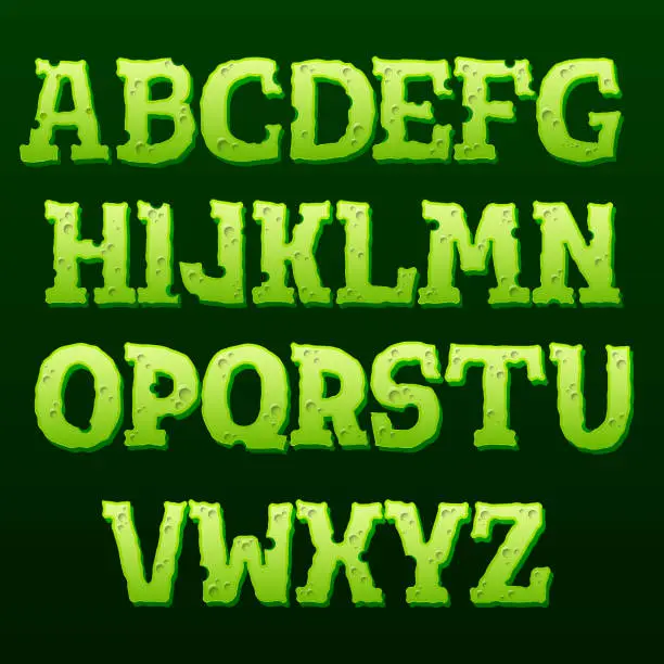 Vector illustration of Green text effect on black background. Cartoon style alphabet with shadow. Vector illustration