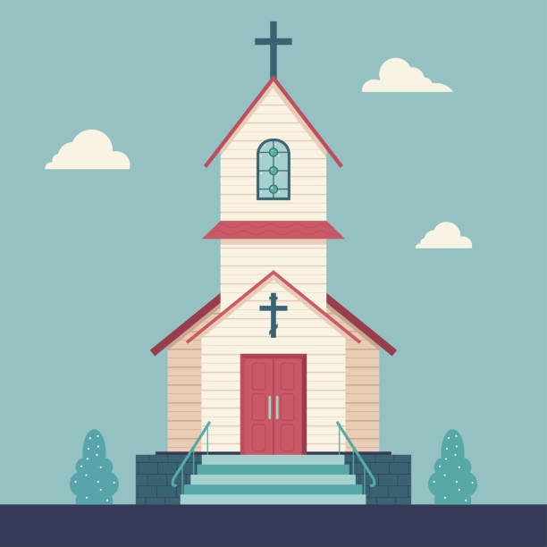 ilustrações, clipart, desenhos animados e ícones de ilustração plana vetorial da igreja em um fundo paisagístico. - igreja