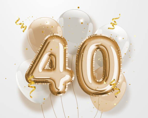 ilustraciones, imágenes clip art, dibujos animados e iconos de stock de feliz 40 cumpleaños oro foil globo globo saludo fondo. - number 40