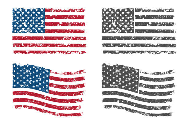 illustrazioni stock, clip art, cartoni animati e icone di tendenza di vettore di bandiera americano grunge impostato isolato su uno sfondo bianco. - grungy flag
