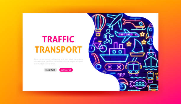 Traffic Transport Neon Landing Page Traffic Transport Neon Landing Page. Vector Illustration of Transportation Promotion. helicopter landing on yacht stock illustrations