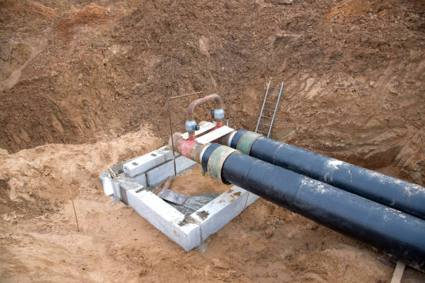 istock Laying heating pipes in a trench at construction site. 1255899934