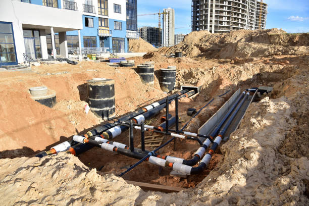 colocación de tuberías de calefacción en zanja en el sitio de construcción. instalación de pozos de alcantarillado de hormigón y sistemas de tormentas subterráneas de agua sanitaria principal. - red hot fotografías e imágenes de stock