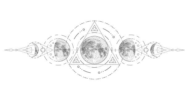 ilustrações, clipart, desenhos animados e ícones de lua mágica com design de tatuagem de geometria sagrada. fases da lua, ilustração vetorial - human powered vehicle flash