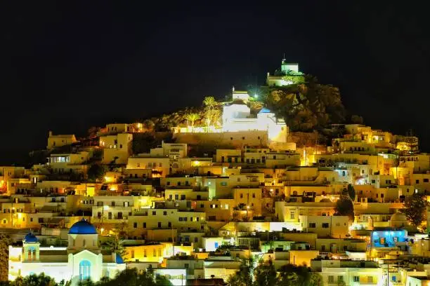 The island of Ios in the cyclades in Greece by night time