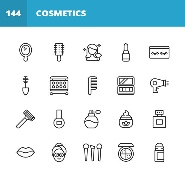 ilustrações de stock, clip art, desenhos animados e ícones de cosmetics line icons. editable stroke. pixel perfect. for mobile and web. contains such icons as cosmetics, beauty, make-up, shampoo, hair salon, body care, hygiene, fashion, nail, barber, perfume, lipstick, eyebrow. - cosmetics nail polish beauty spa lipstick