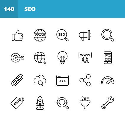20 SEO - Search Engine Optimisation Outline Icons. Search Engine Optimisation, Marketing, Internet, Thumb Up, Like Button, Web Browser, Magnifying Glass, Advertising, Speaker, Target, Performance Marketing, Big Data, Technology, E-Commerce, Idea, Lightbulb, Mobile App, Web Layout, Webpage Link, Chain, Computer Programming, Link Sharing, Performance, Startup, Settings.