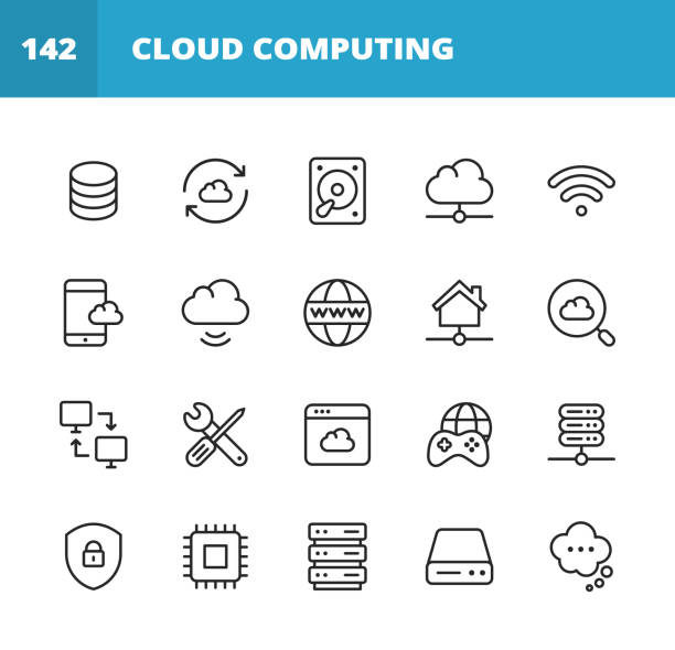클라우드 컴퓨팅 라인 아이콘입니다. 편집 가능한 스트로크. 픽셀 완벽한. 모바일 및 웹용. 클라우드 컴퓨팅, 컴퓨터 네트워크, 네트워크 서버, 스트리밍, 다운로드, 업로드, 사이버 보안, 온라인 - virtualization network server cloud computing downloading stock illustrations