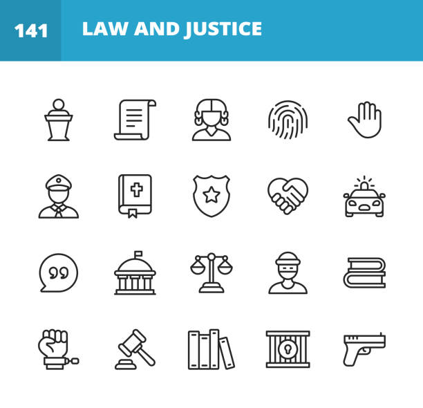 ikony prawa i sprawiedliwości. edytowalny obrys. pixel perfect. dla urządzeń mobilnych i sieci web. zawiera takie ikony jak prawo, sprawiedliwość, złodziej, policja, sędzia, umowa, rząd, umowa, zgodność, przestępstwo, prawnik, dowody, więzienie - forensic science obrazy stock illustrations