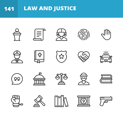 20 Law and Justice Outline Icons. Law, Justice, Judge, Trial, Document, Agreement, Thief, Police, Fingerprint, Human Hand, Bible, Constitution, Shield, Police Shield, Handshake, Police Car, Text Messaging, Quote, Testimony, Evidence, Crime, Compliance, Government, Contract, Prison, Equality, Legal System, Gun.