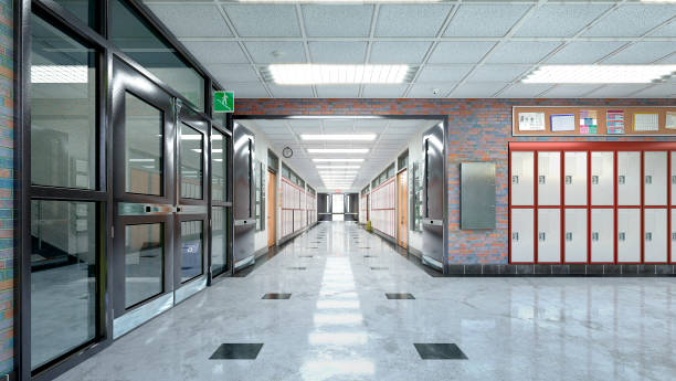 istock School hall and corridor interior. 3d illustration 1255903669