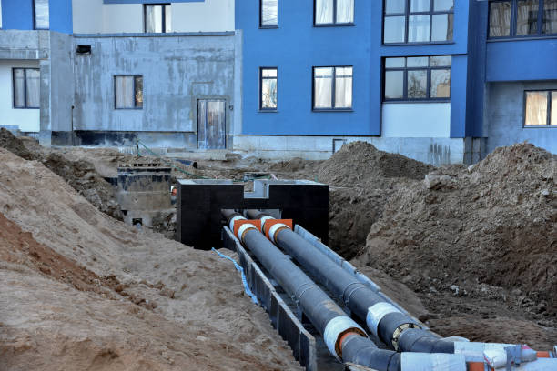 istock Laying heating pipes in a trench at construction site. Install underground storm systems of water main and sanitary sewer 1255903838