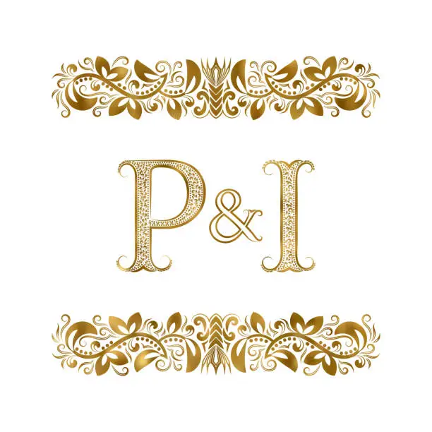 Vector illustration of P and I vintage initials symbol. The letters are surrounded by ornamental elements. Wedding or business partners monogram in royal style.