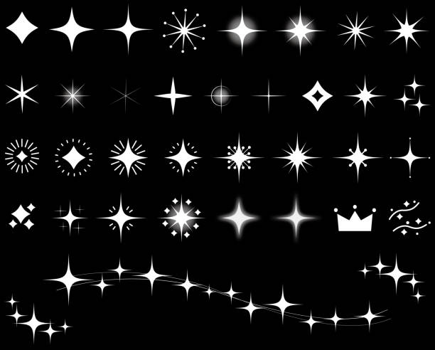 Glitter icon set light star white Illustration of various shapes of light material flash illustrations stock illustrations