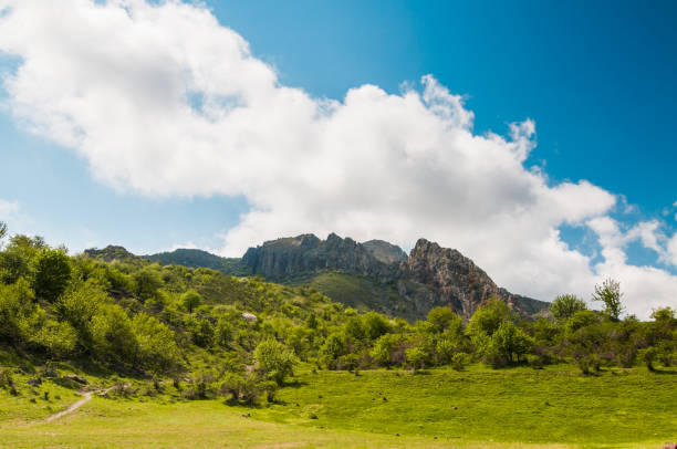 Picturesque landscape, rain clouds, mountains covered with green plants, country road passes among hills