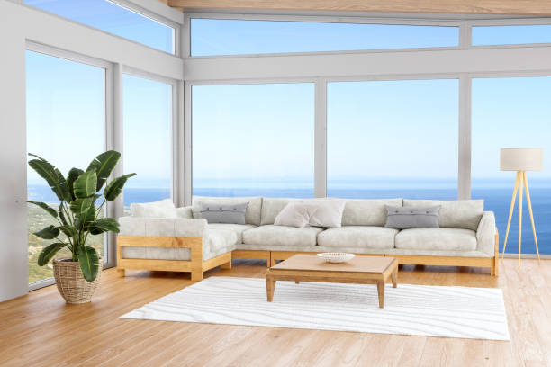 istock Modern Living Room With Sea View 1255905711