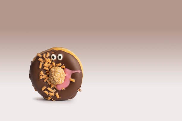 brown chocolate donut with eyes and biscuit - biscuit brown cake unhealthy eating imagens e fotografias de stock