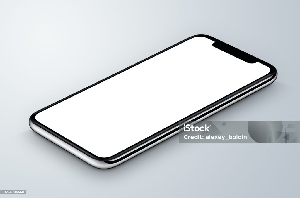 透視檢視等軸測白色智慧手機模型位於灰色表面上 - 免版稅手機圖庫照片