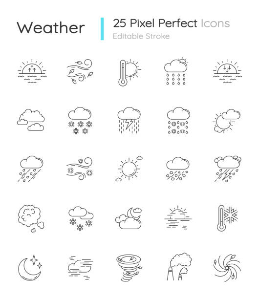 ÐÑÐ½Ð¾Ð²Ð½Ð¾Ð¹ ÑÐµÑ-ES Weather pixel perfect linear icons set. Meteorological forecast customizable thin line contour symbols. Sky condition prediction. Isolated vector outline illustrations. Editable stroke ice clipart stock illustrations