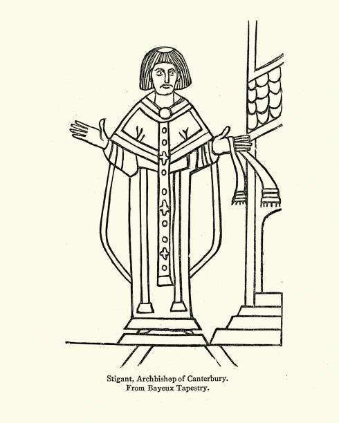 stigand, arcybiskup canterbury, ubrany w chasuble - tkanina z bayeux stock illustrations