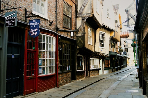 A mysterious dawn glow lights up The Shambles, in York, North Yorkshire, England, on Sunday, 12th July, 2020.