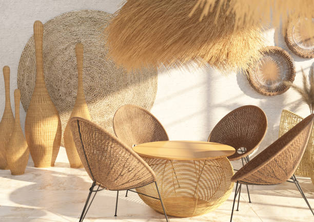Interior of a cafe or restaurant with wicker furniture and rattan and straw décor. Round dining table. Ethnic style. 3D rendering. Interior of a cafe or restaurant with wicker furniture and rattan and straw décor. Round dining table. Ethnic style. 3D rendering bamboo fabric stock pictures, royalty-free photos & images