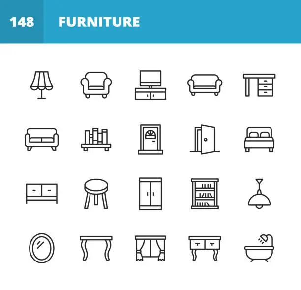 Vector illustration of Furniture Line Icons. Editable Stroke. Pixel Perfect. For Mobile and Web. Contains such icons as Lamp, Armchair, Tv Bench, Desk, Sofa, Couch, Door, Bed, Wardrobe, Bath, Dining Table, Mirror.