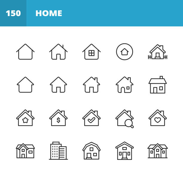 Home Line Icons. Editable Stroke. Pixel Perfect. For Mobile and Web. Contains such icons as Home, House, Real Estate, Family, Real Estate Agent, Investment, Residential Building, City, Apartment. 20 Home Outline Icons. Home, House, Real Estate, Family, Real Estate Agent, Investment, Residential Building, City, Apartment. residential building stock illustrations