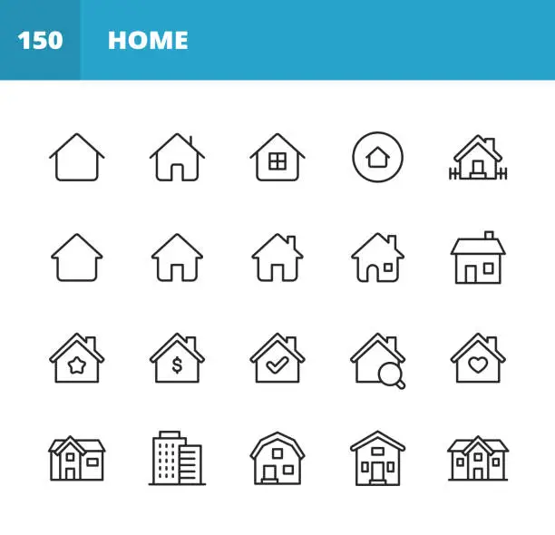 Vector illustration of Home Line Icons. Editable Stroke. Pixel Perfect. For Mobile and Web. Contains such icons as Home, House, Real Estate, Family, Real Estate Agent, Investment, Residential Building, City, Apartment.