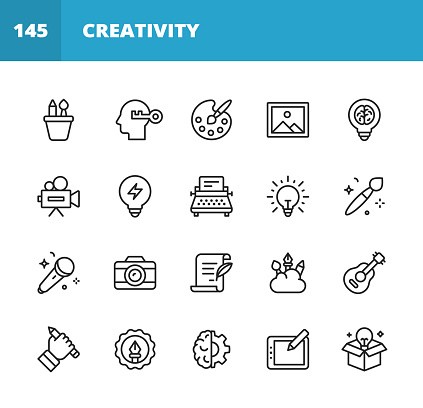 20 Art and Creativity Outline Icons. Art, Creativity, Drawing, Painting, Photography, Writing, Imagination, Innovation, Brainstorming, Design, Marketing, Music, Media, Paintbrush, Paint, Vector Graphics, Lightbulb, Image, Drawing Tablet, Artificial Intelligence, Guitar, Music, Playing Guitar, Singing.