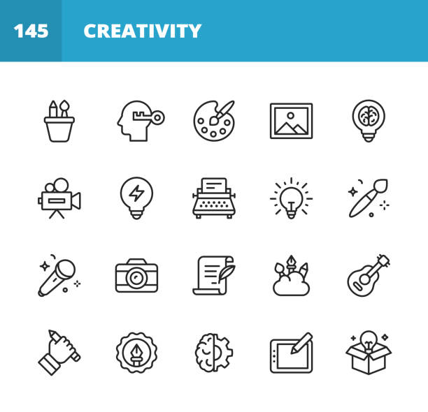 Art and Creativity Line Icons. Editable Stroke. Pixel Perfect. For Mobile and Web. Contains such icons as Art, Creativity, Drawing, Painting, Photography, Writing, Imagination, Innovation, Brainstorming, Design, Marketing, Music, Media. 20 Art and Creativity Outline Icons. Art, Creativity, Drawing, Painting, Photography, Writing, Imagination, Innovation, Brainstorming, Design, Marketing, Music, Media, Paintbrush, Paint, Vector Graphics, Lightbulb, Image, Drawing Tablet, Artificial Intelligence, Guitar, Music, Playing Guitar, Singing. inspiration icons stock illustrations