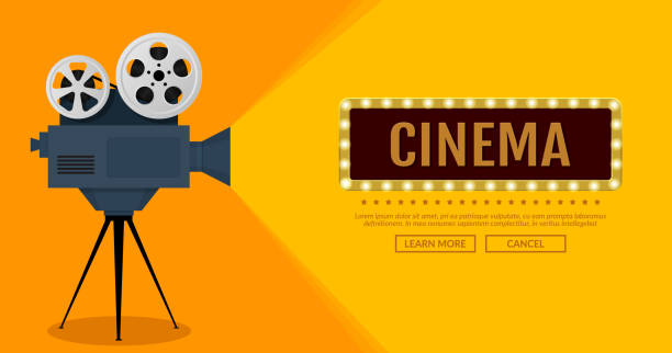 ilustraciones, imágenes clip art, dibujos animados e iconos de stock de cartel del festival de cine con cámara de cine sobre fondo naranja. - estreno de película